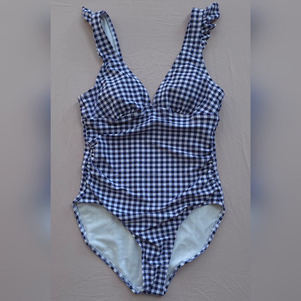 Kona Sol Gingham Ruffle Shoulder One Piece Swimsuit | Navy Blue/White | Size S